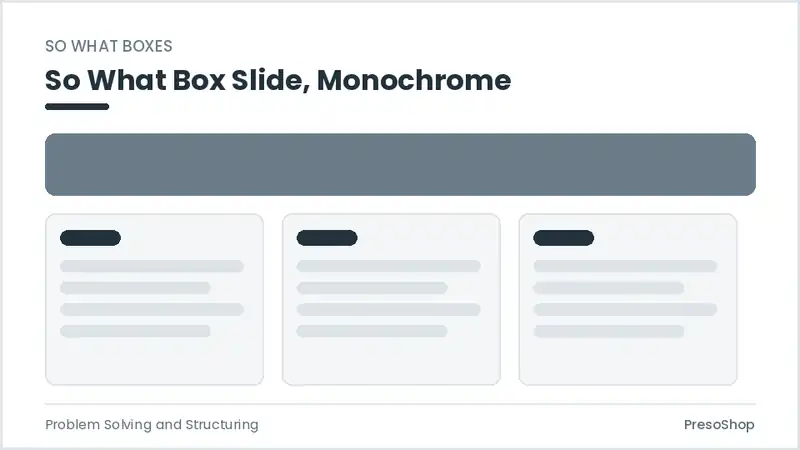 Editable PowerPoint so what box slide template in a monochrome treatment, built from recolourable native shapes for problem solving and structuring decks