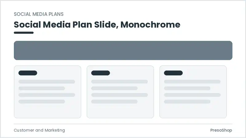 Editable PowerPoint social media plan slide template in a monochrome treatment, built from recolourable native shapes for customer and marketing decks