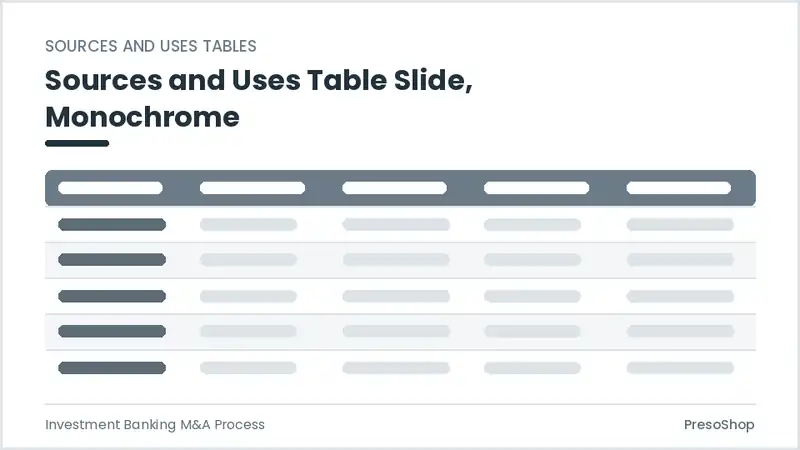 Editable PowerPoint sources and uses table slide template in a monochrome treatment, built from recolourable native shapes for investment banking m&a process decks