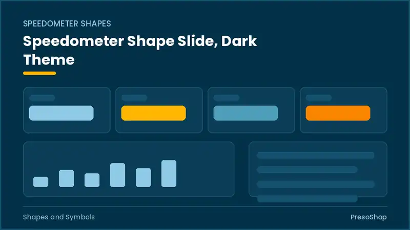 Editable PowerPoint speedometer shape slide template in a dark theme, built from recolourable native shapes for shapes and symbols decks