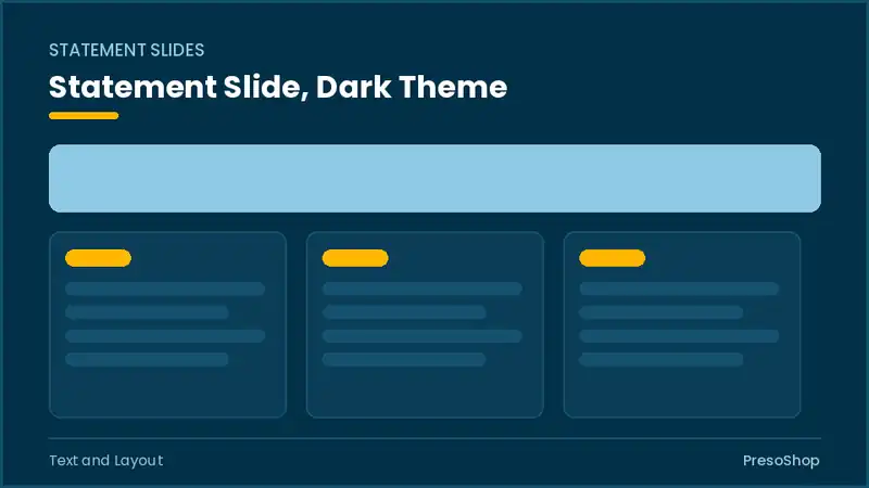 Editable PowerPoint statement slide template in a dark theme, built from recolourable native shapes for text and layout decks