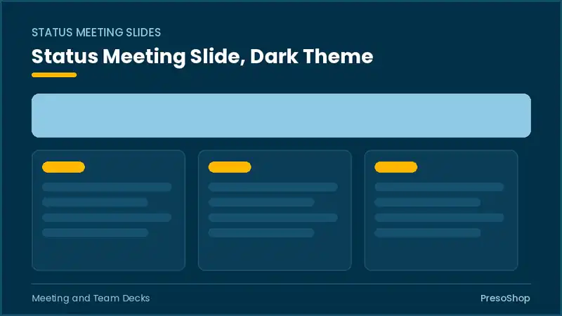 Editable PowerPoint status meeting slide template in a dark theme, built from recolourable native shapes for meeting and team decks decks