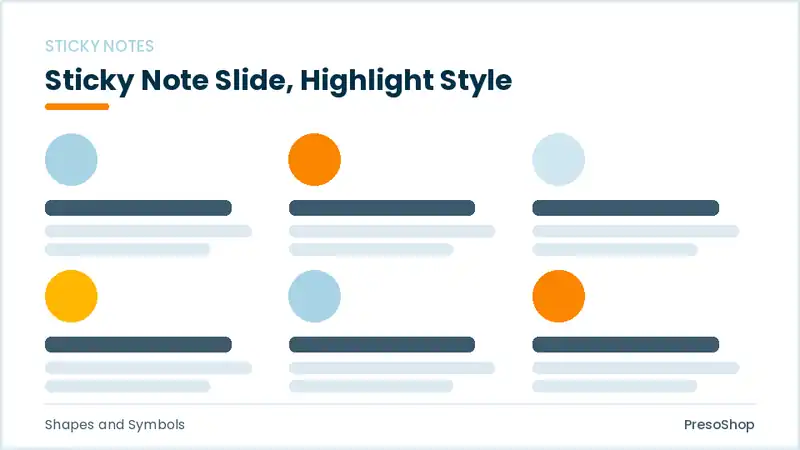 Editable PowerPoint sticky note slide template with an accented takeaway, built from recolourable native shapes for shapes and symbols decks