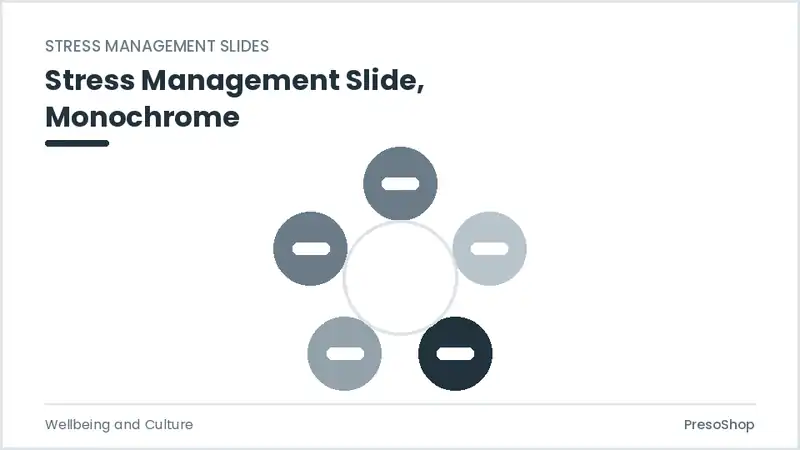 Editable PowerPoint stress management slide template in a monochrome treatment, built from recolourable native shapes for wellbeing and culture decks