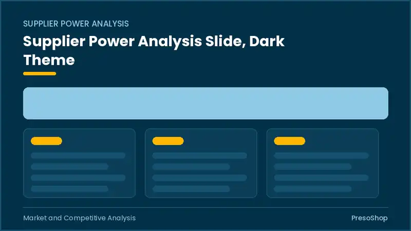 Editable PowerPoint supplier power analysis slide template in a dark theme, built from recolourable native shapes for market and competitive analysis decks