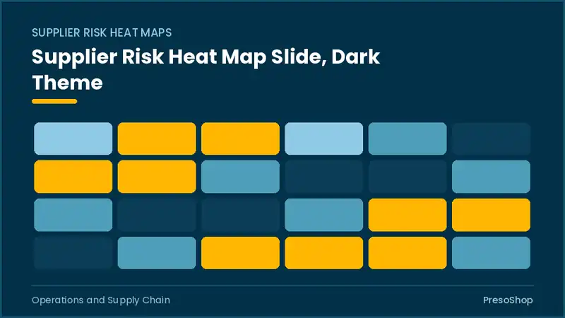 Editable PowerPoint supplier risk heat map slide template in a dark theme, built from recolourable native shapes for operations and supply chain decks