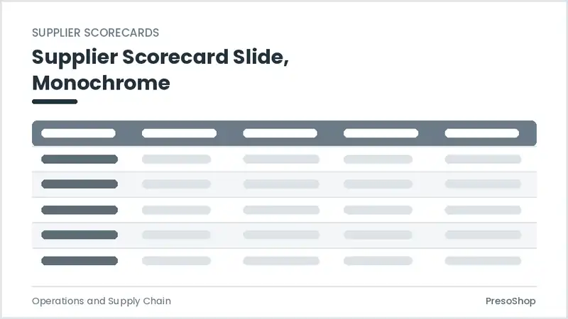Editable PowerPoint supplier scorecard slide template in a monochrome treatment, built from recolourable native shapes for operations and supply chain decks