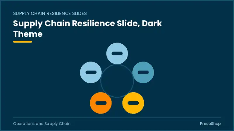 Editable PowerPoint supply chain resilience slide template in a dark theme, built from recolourable native shapes for operations and supply chain decks