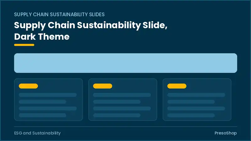 Editable PowerPoint supply chain sustainability slide template in a dark theme, built from recolourable native shapes for esg and sustainability decks