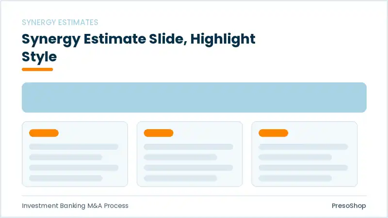 Editable PowerPoint synergy estimate slide template with an accented takeaway, built from recolourable native shapes for investment banking m&a process decks