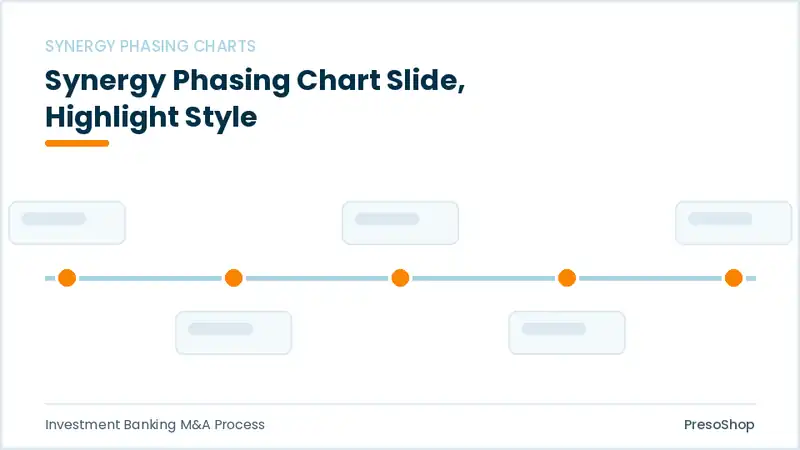 Editable PowerPoint synergy phasing chart slide template with an accented takeaway, built from recolourable native shapes for investment banking m&a process decks