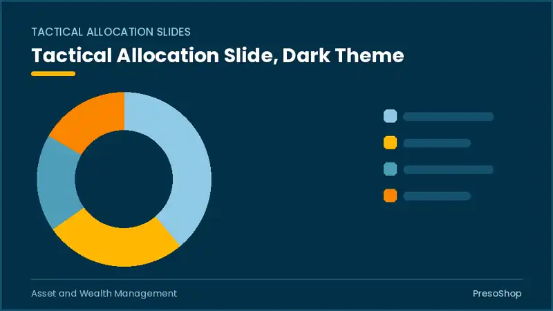 Editable PowerPoint tactical allocation slide template in a dark theme, built from recolourable native shapes for asset and wealth management decks