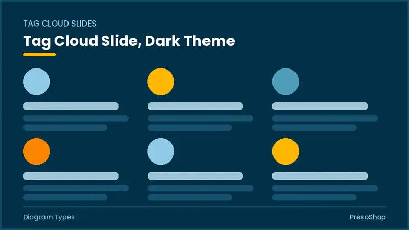 Editable PowerPoint tag cloud slide template in a dark theme, built from recolourable native shapes for diagram types decks