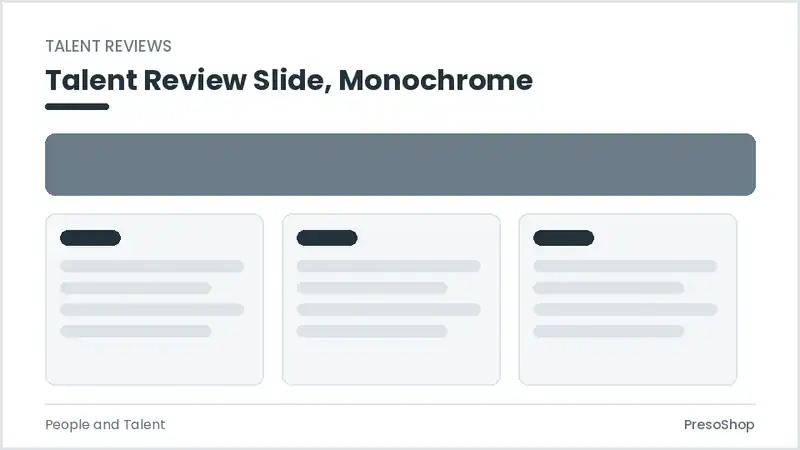 Editable PowerPoint talent review slide template in a monochrome treatment, built from recolourable native shapes for people and talent decks