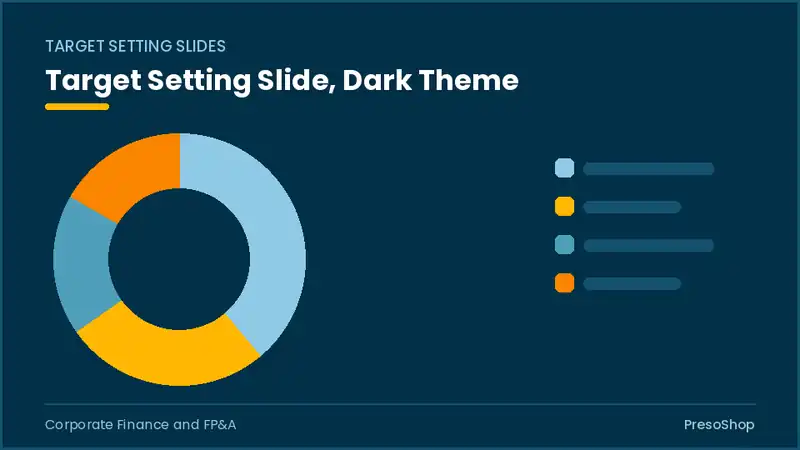 Editable PowerPoint target setting slide template in a dark theme, built from recolourable native shapes for corporate finance and fp&a decks
