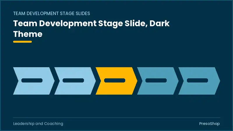 Editable PowerPoint team development stage slide template in a dark theme, built from recolourable native shapes for leadership and coaching decks