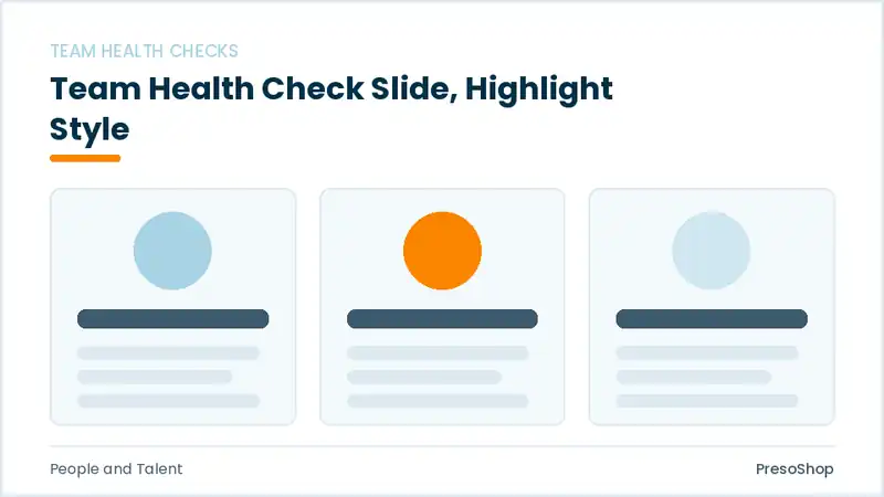 Editable PowerPoint team health check slide template with an accented takeaway, built from recolourable native shapes for people and talent decks