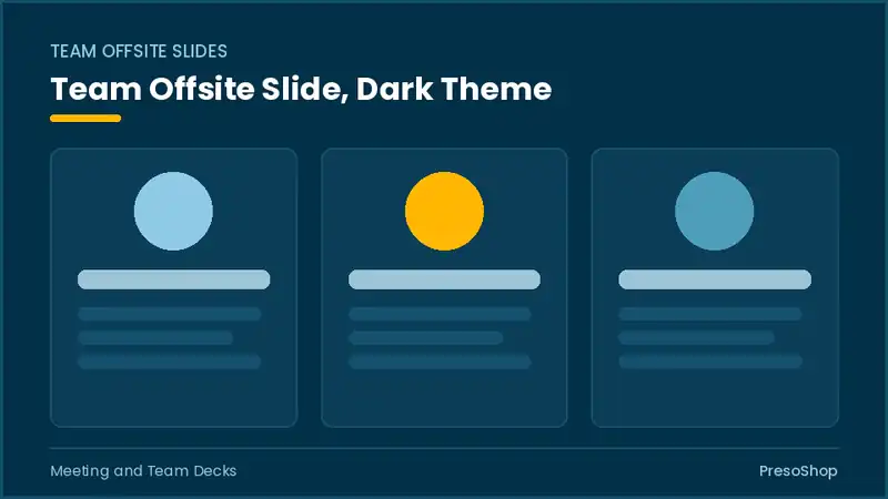 Editable PowerPoint team offsite slide template in a dark theme, built from recolourable native shapes for meeting and team decks decks