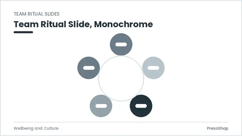Editable PowerPoint team ritual slide template in a monochrome treatment, built from recolourable native shapes for wellbeing and culture decks