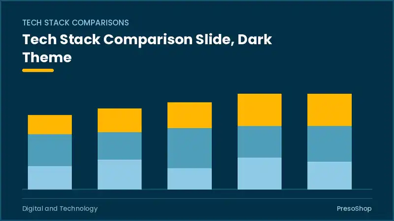 Editable PowerPoint tech stack comparison slide template in a dark theme, built from recolourable native shapes for digital and technology decks