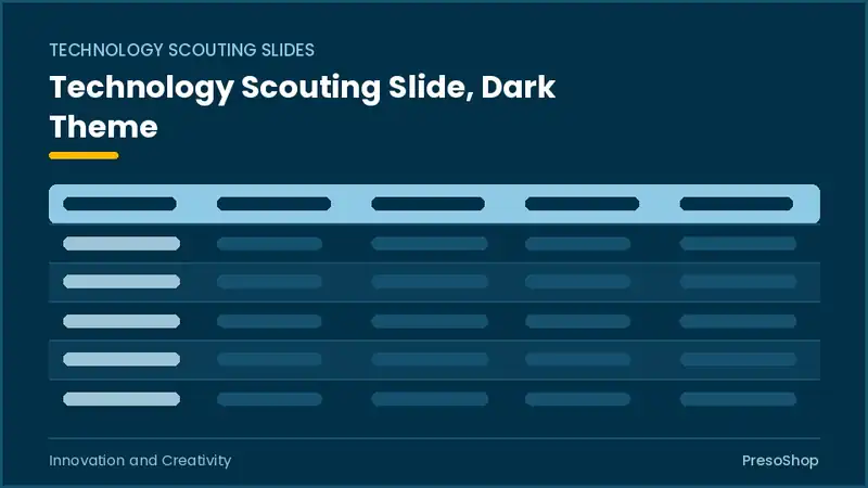 Editable PowerPoint technology scouting slide template in a dark theme, built from recolourable native shapes for innovation and creativity decks