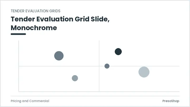 Editable PowerPoint tender evaluation grid slide template in a monochrome treatment, built from recolourable native shapes for pricing and commercial decks