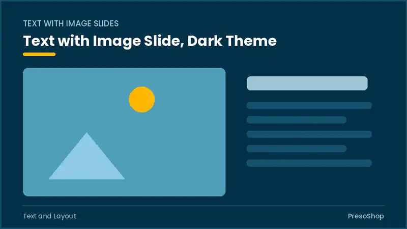 Editable PowerPoint text with image slide template in a dark theme, built from recolourable native shapes for text and layout decks