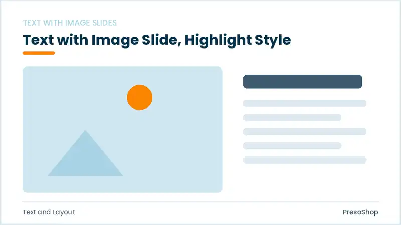Editable PowerPoint text with image slide template with an accented takeaway, built from recolourable native shapes for text and layout decks