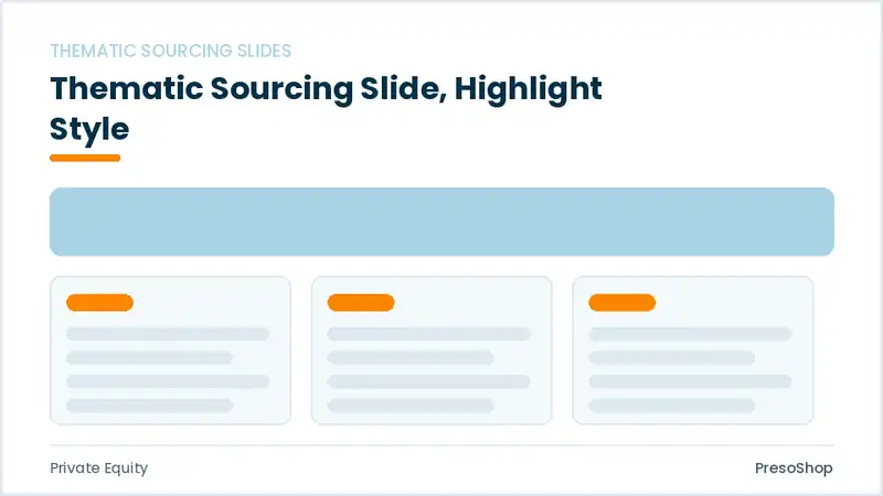 Editable PowerPoint thematic sourcing slide template with an accented takeaway, built from recolourable native shapes for private equity decks