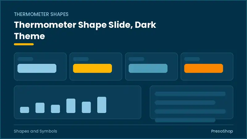 Editable PowerPoint thermometer shape slide template in a dark theme, built from recolourable native shapes for shapes and symbols decks
