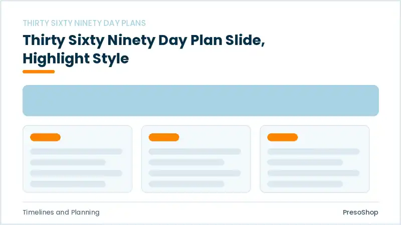 Editable PowerPoint thirty sixty ninety day plan slide template with an accented takeaway, built from recolourable native shapes for timelines and planning decks