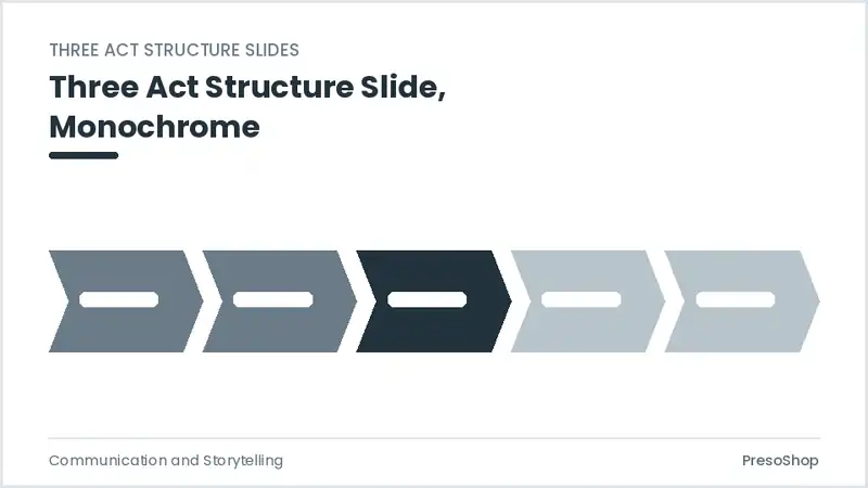 Editable PowerPoint three act structure slide template in a monochrome treatment, built from recolourable native shapes for communication and storytelling decks