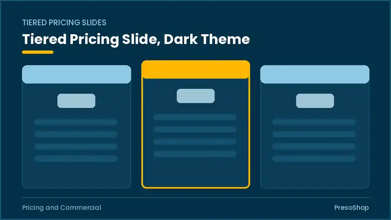Editable PowerPoint tiered pricing slide template in a dark theme, built from recolourable native shapes for pricing and commercial decks