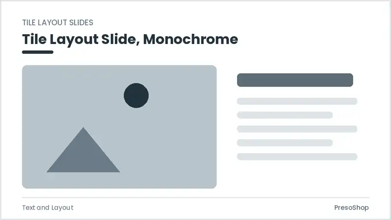 Editable PowerPoint tile layout slide template in a monochrome treatment, built from recolourable native shapes for text and layout decks