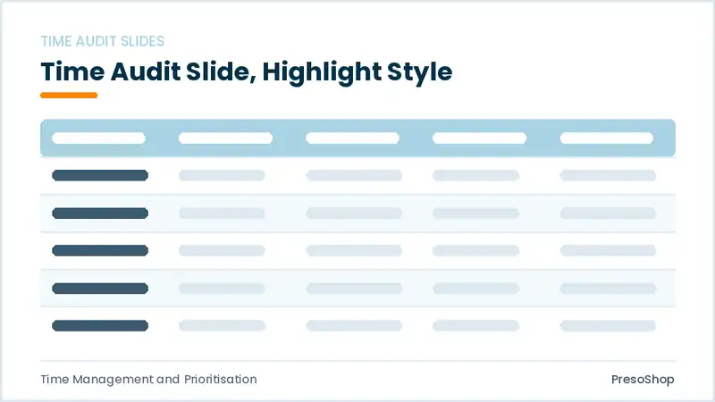 Editable PowerPoint time audit slide template with an accented takeaway, built from recolourable native shapes for time management and prioritisation decks