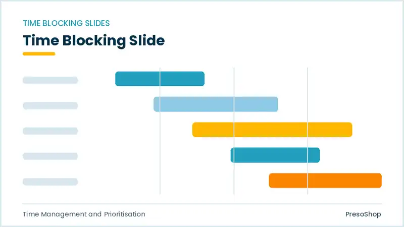 Editable PowerPoint time blocking slide template, built from recolourable native shapes for time management and prioritisation decks