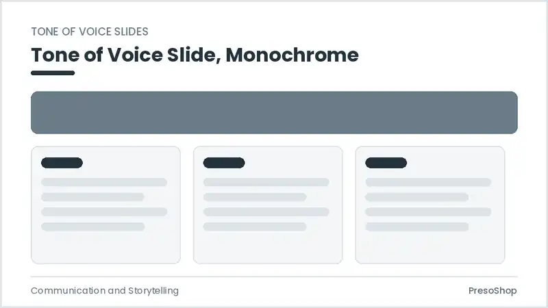 Editable PowerPoint tone of voice slide template in a monochrome treatment, built from recolourable native shapes for communication and storytelling decks