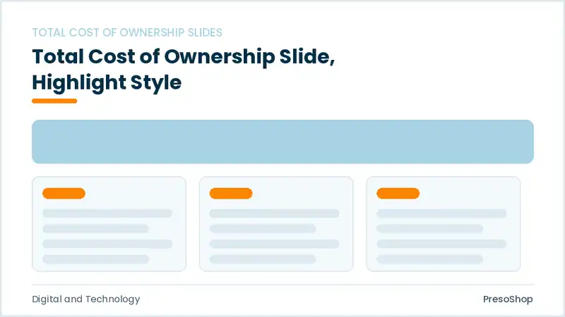 Editable PowerPoint total cost of ownership slide template with an accented takeaway, built from recolourable native shapes for digital and technology decks
