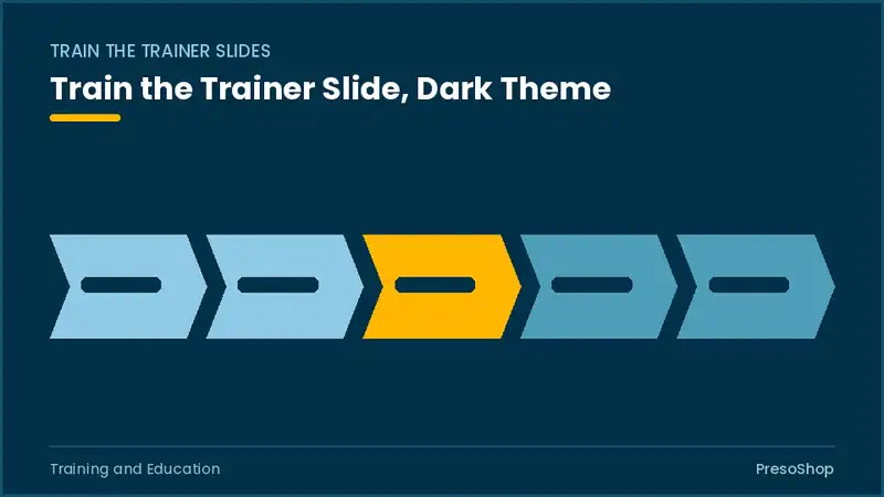 Editable PowerPoint train the trainer slide template in a dark theme, built from recolourable native shapes for training and education decks