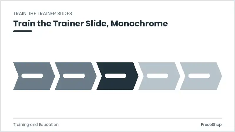 Editable PowerPoint train the trainer slide template in a monochrome treatment, built from recolourable native shapes for training and education decks