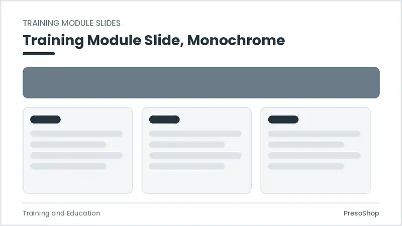 Editable PowerPoint training module slide template in a monochrome treatment, built from recolourable native shapes for training and education decks