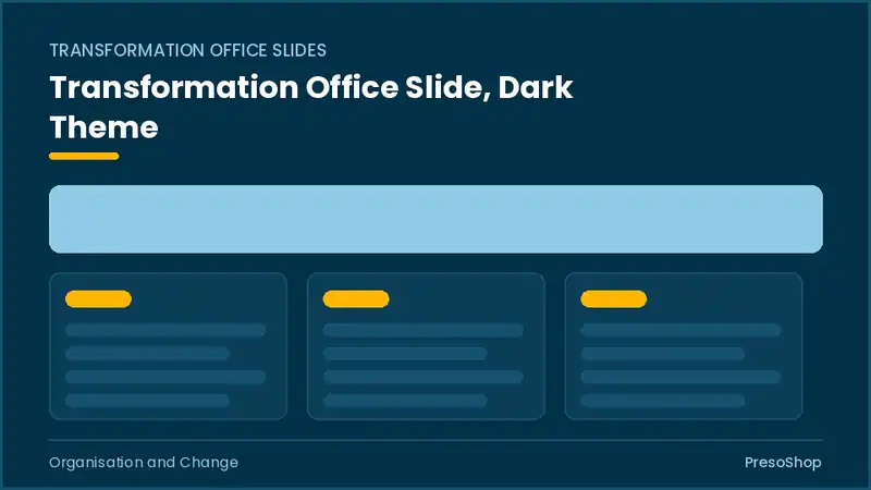 Editable PowerPoint transformation office slide template in a dark theme, built from recolourable native shapes for organisation and change decks