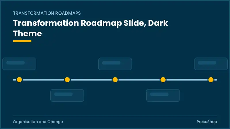 Editable PowerPoint transformation roadmap slide template in a dark theme, built from recolourable native shapes for organisation and change decks