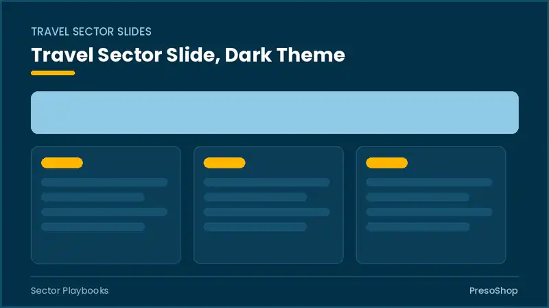 Editable PowerPoint travel sector slide template in a dark theme, built from recolourable native shapes for sector playbooks decks