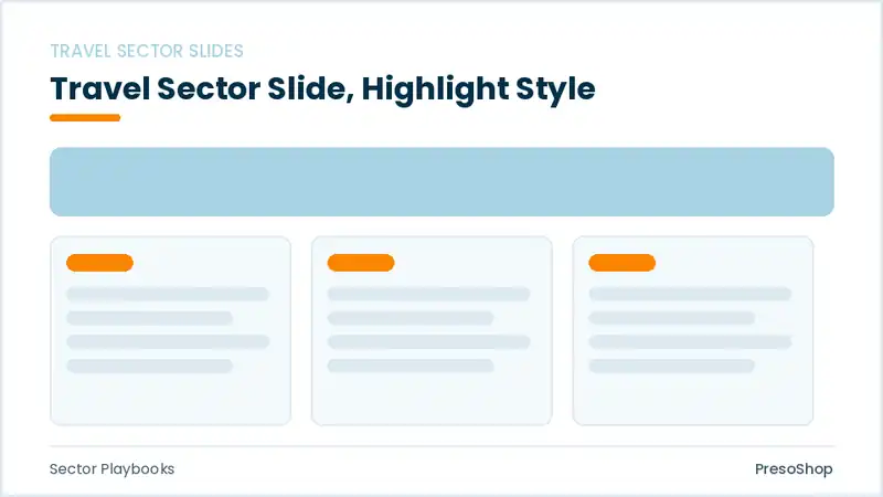 Editable PowerPoint travel sector slide template with an accented takeaway, built from recolourable native shapes for sector playbooks decks