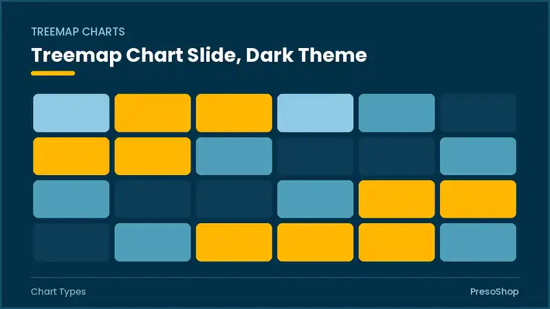 Editable PowerPoint treemap chart slide template in a dark theme, built from recolourable native shapes for chart types decks