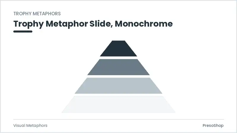 Editable PowerPoint trophy metaphor slide template in a monochrome treatment, built from recolourable native shapes for visual metaphors decks