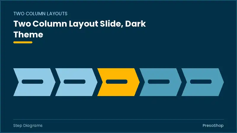 Editable PowerPoint two column layout slide template in a dark theme, built from recolourable native shapes for step diagrams decks