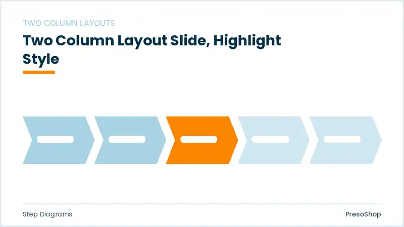 Editable PowerPoint two column layout slide template with an accented takeaway, built from recolourable native shapes for step diagrams decks