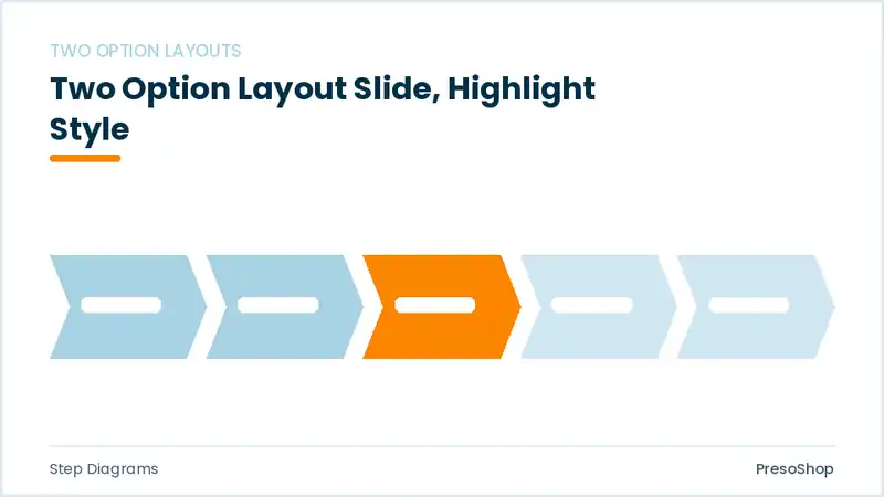 Editable PowerPoint two option layout slide template with an accented takeaway, built from recolourable native shapes for step diagrams decks